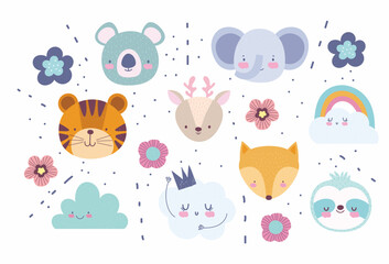 Little animal faces icon set with background