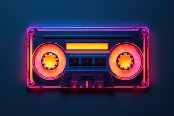 Retro cassette tape with neon vibrant colors against dark blue background. 80s and 90s music and design.	
 - obrazy, fototapety, plakaty