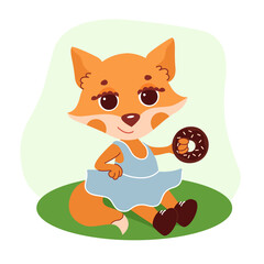 little cute fox in a sundress with a chocolate donut in a clearing