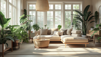 Fototapeta na wymiar Scandinavian living room with a focus on eco-friendly design, light wood furniture, green plants, and large, sunlit windows