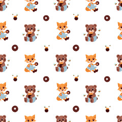 seamless pattern of forest animals fox and bear on a white background