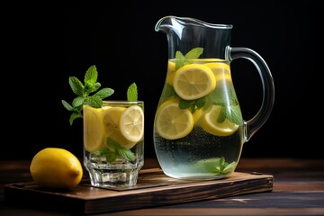 Fototapeta premium Minty lemonade with fresh cucumber and juicy lemon - refreshing summer drink on neutral background