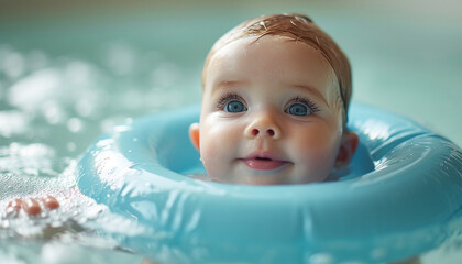 Baby floating wearing a donut. Baby enjoying in the jacuzzi. Spa for babies. Hydrotherapy session for children. Baby swimming. Baby float. Popular activity massage for babies