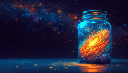 Universe galaxy in a jar with dark backgrounds. Colorful space with stars milky way at night. Copy space