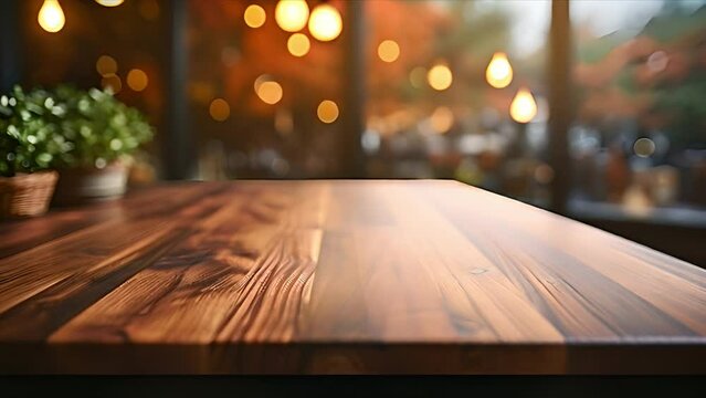 Empty countertop in modern kitchen, blurred background, glowing lights, 4K video