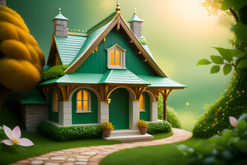 Fairytale tree house in a mysterious forest, house of pixies and elves. template for design. Playground AI platform.