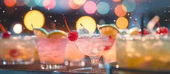 Tasty various cocktails displayed on a table with bokeh colorful light bar room. Created with Generative AI