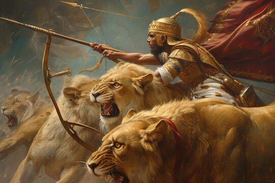 Assirian warrior hunting lions