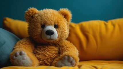 A Teddy Bear on a Yellow Pillow, A Cute Brown Stuffed Animal, A Teddy Bear Sitting on a Couch, A Cozy Teddy Bear on a Pillow.