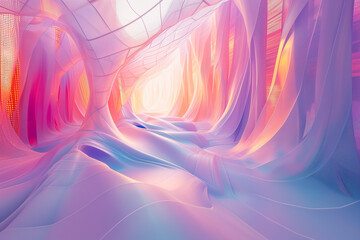 3D abstract sculptures illuminated by holographic lights, showcasing a vibrant array of colors and shapes