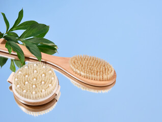 Wooden ecological brushes for massage. Copy space for text.