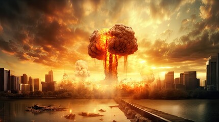 Explosion of nuclear bomb in the city. Nuclear war threat concept.