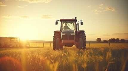 Fototapeta premium In the heart of spring, the tractor plows the fields, nurturing new beginnings.