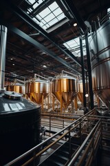 A symphony of steel and efficiency, these tanks silently perform their role, ensuring the seamless flow of materials within the indoor industrial environment - obrazy, fototapety, plakaty