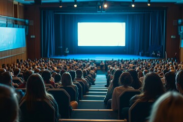 Back view of audience in the conference hall or seminar meeting with large media screen showing video presentation