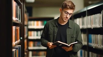 Foto op Aluminium Caucasian male student in glasses reads book standing near shelves in university library. © Stavros's son