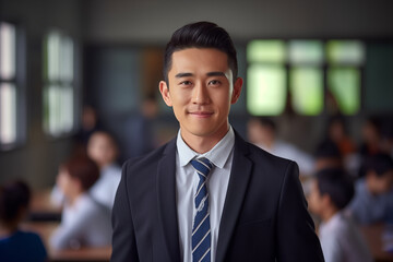 Fototapeta premium Smiling asian men teacher in a classroom. Asian teacher in a room. Men teacher. Back to School. School holidays At work. AI.