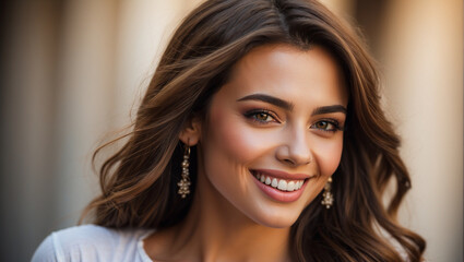 Naklejka premium Closeup photo portrait of a beautiful young turkish model woman smiling with white teeth 