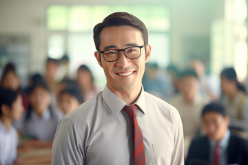 Fototapeta premium Smiling asian men teacher in a classroom. Asian teacher in a room. Men teacher. Back to School. School holidays At work. AI.