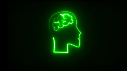 Human head with neon brain emblem, medicine, sign, human body part, and human brain.