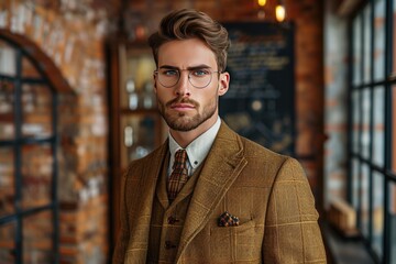 A fashionable male model in a brown suit and stylish glasses
