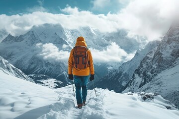 Back view of person hiking on snowy alps