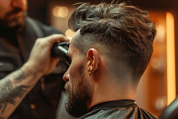 Barber's precision trim with electric clipper. - obrazy, fototapety, plakaty