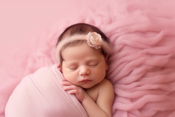 a baby in soft pink tones, a sleeping child with a decoration in the form of a soft headband. Concept: baby care, clothing and accessories for little ones, newborns and motherhood
