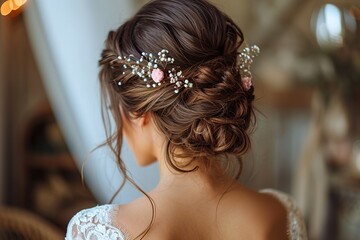 bridal bun hairstyle of brunette bride at the getting ready