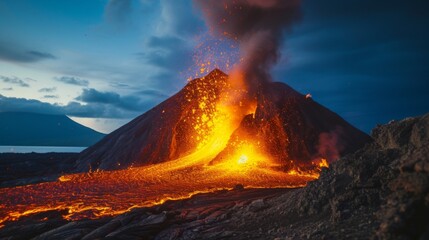 Lava Flows on active volcano on island in sea,