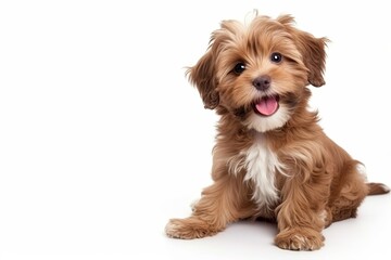 Beautiful happy reddish havanese puppy dog is sitting frontal - obrazy, fototapety, plakaty