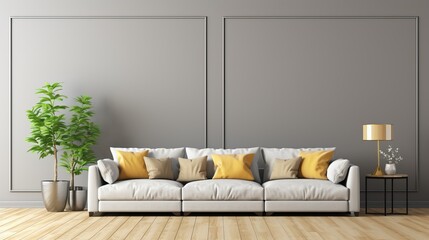 Modern gray sofa with cushions in well-lit room, perfect for text or design incorporation