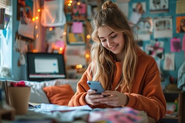 Happy teenage girl using smart phone at desk in messy bedroom