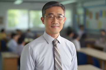 Fototapeta premium Smiling asian men teacher in a classroom. Mature teacher. Asian teacher in a room. Men teacher. Back to School. School holidays At work. AI.