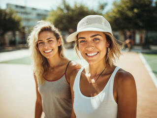 Portrait of two young sporty women at the sports club looking at the camera and smiling. - obrazy, fototapety, plakaty