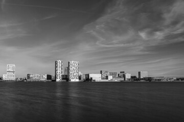 Skyline of the city of Almere in black and white