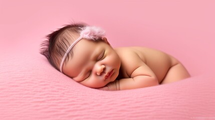 Obraz premium a baby in soft pink tones, a sleeping child with a decoration in the form of a soft headband. Concept: baby care, clothing and accessories for little ones, newborns and motherhood 