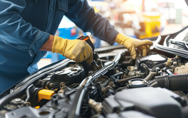 Mechanic working on a car engine with the hood open