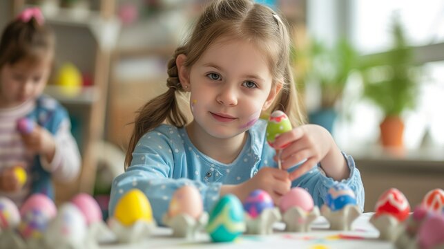 Small children enthusiastically paint Easter eggs, responsibly prepare for Easter