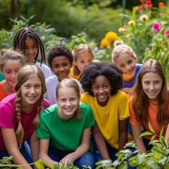A group of diverse children are posing for a photo in a garden.