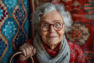 Smiling woman with eyeglasses holding walking cane in front of wall - obrazy, fototapety, plakaty