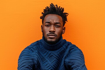 Stylish black man in blue jumper on orange background