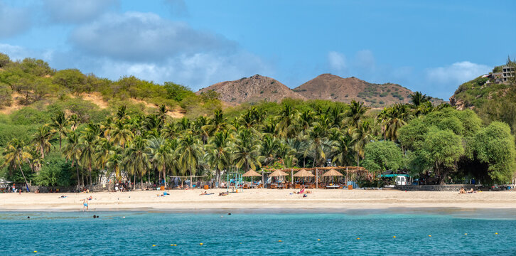 The beach of the resort town of Tarrafal on the northern coast of the island of  Santiago, Cape Verde (Cabo Verde)