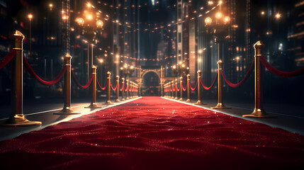 Red carpet on the stairs on dark background, the way to glory, victory and success
