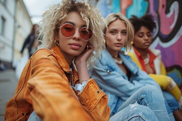 Trendy diverse models sitting on ground on street