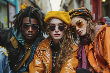 Trendy diverse models sitting on ground on street