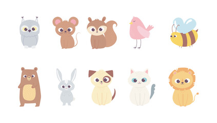 cute cartoon animals little characters owl mouse squirrel deer bird bee bear cat dog lion