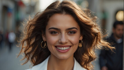 Closeup photo portrait of a beautiful young turkish model woman smiling with white teeth
 - obrazy, fototapety, plakaty
