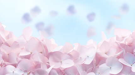 A cascade of soft, pastel hydrangea petals creating a dreamlike atmosphere, falling flower petals, Valentine's Day, dynamic and dramatic compositions, with copy space