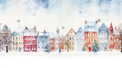 Watercolor winter town houses border background landscape cute cityscape illustration card, poster, print, transparent background christmas new year - generative AI